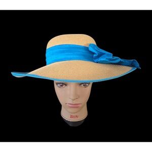 Uno Alla Volta Women's Packable Wide Brim Straw Sun Hat w/ Big Bow USA  NWOT